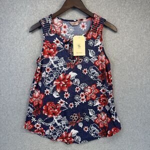 SJS Womens Blouse Small Multicolor Blue Red Floral Sleeveless Tie Neck New Tags